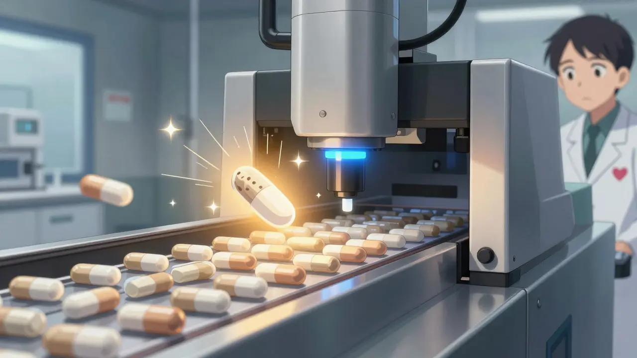 An automated inspection machine detecting a defective pill in a generic drug factory.