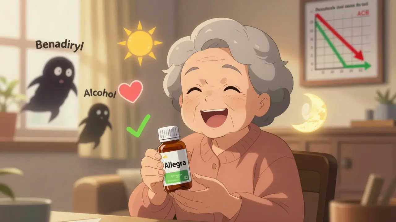 An elderly woman smiling while holding Allegra, with dark risky medications fading away behind her.