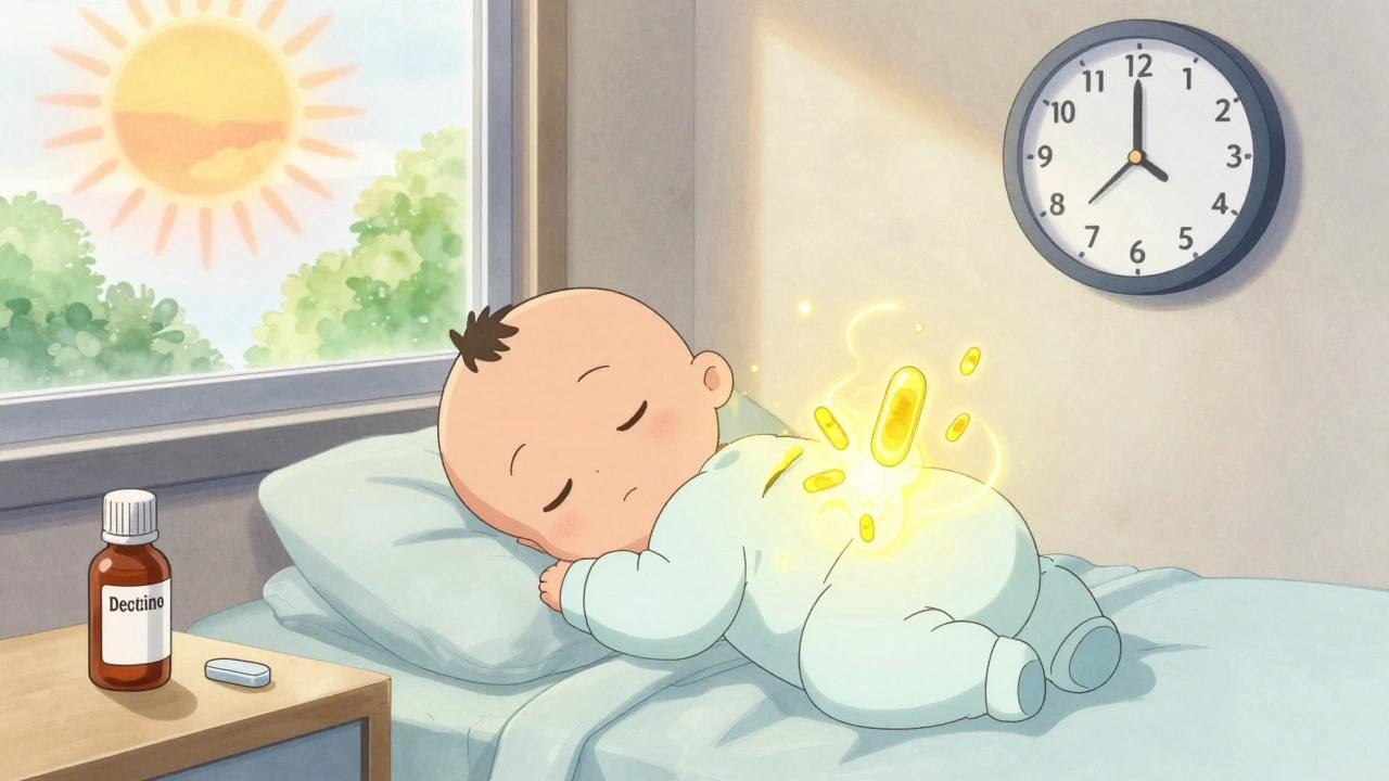 Baby sleeps peacefully as glowing antibodies swirl around them, 4 hours post-vaccine.