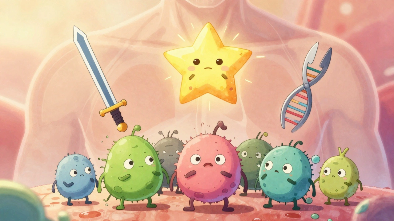 Cute bacteria cower as three antibiotic tools float above them in a human body scene.