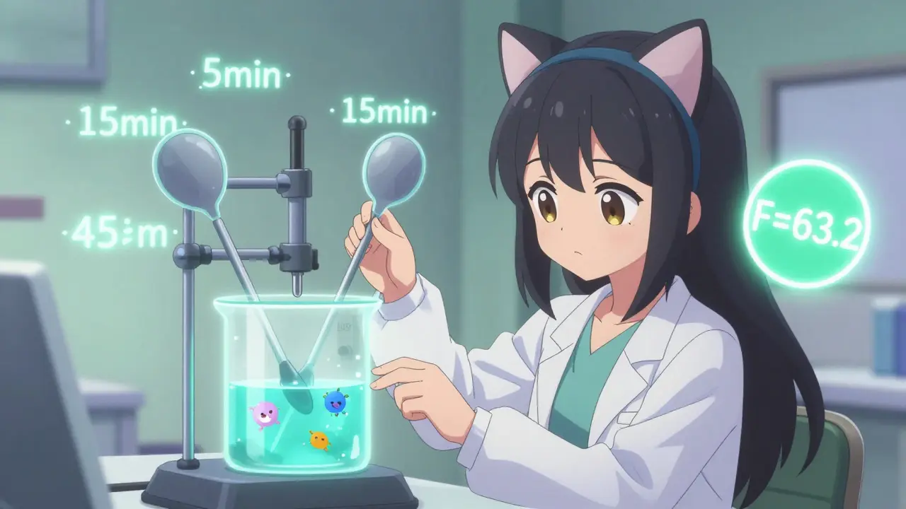 Cute scientist adjusting a dissolution apparatus with sparkling time markers and an f2=63.2 badge.