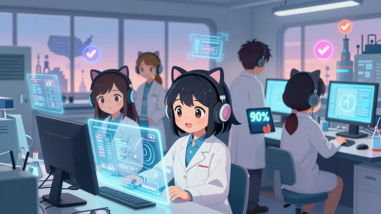 Cute scientists in a lab celebrate bioequivalence results on a holographic screen.