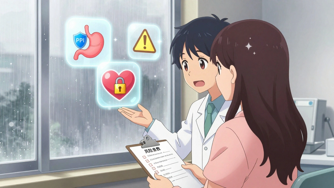 Doctor and patient discussing medications with visual icons of heart, stomach, and warning signs.