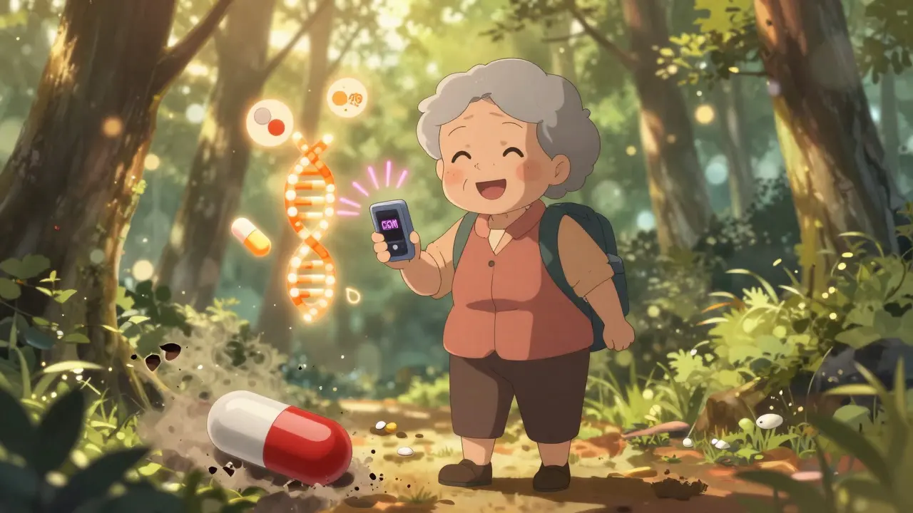 Elderly woman hiking with CGM alert, glipizide tablet and gene strand glowing safely beside her.