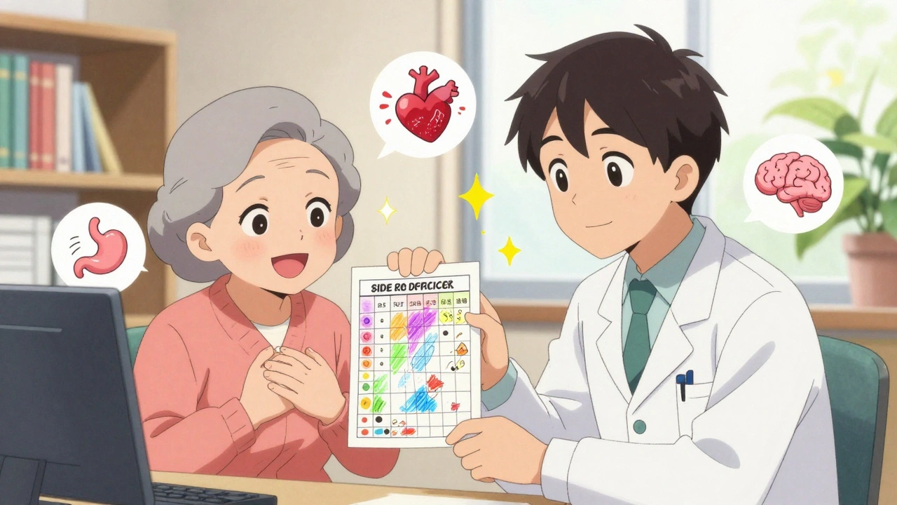 Elderly woman sharing a hand-drawn side effect tracker with her kind doctor in a sunny office.