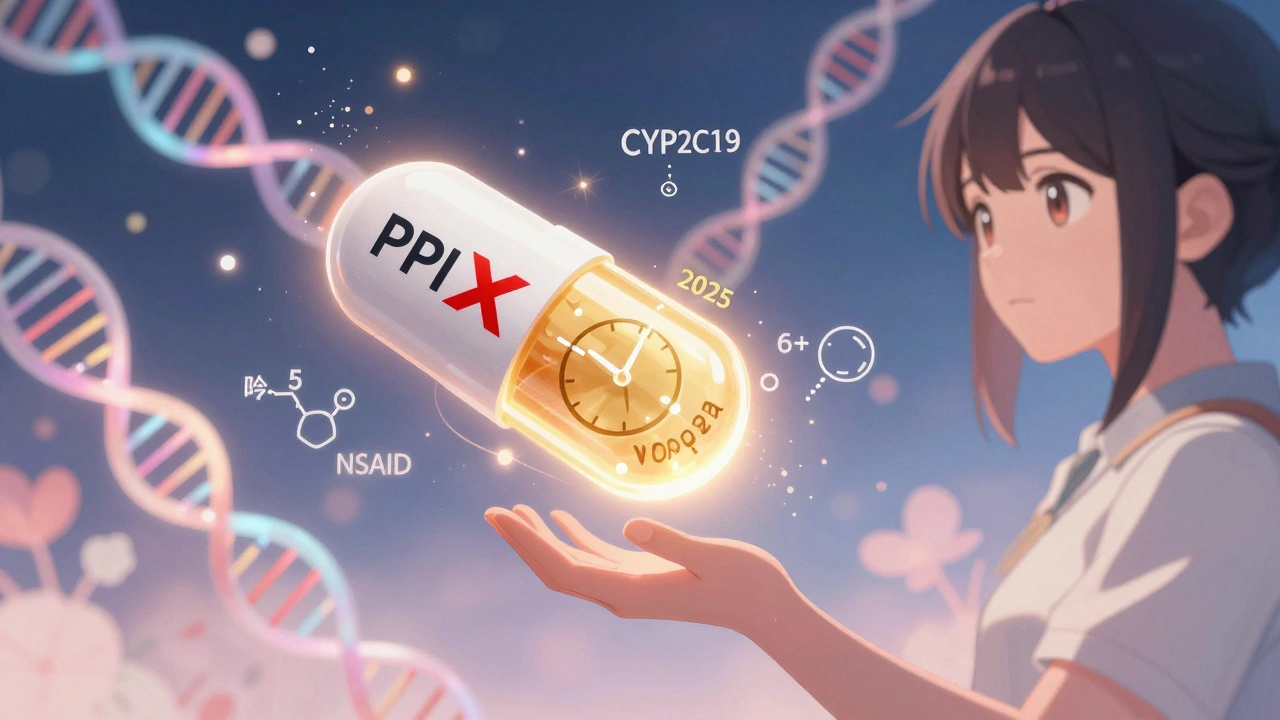 Futuristic pill glowing with split design showing unsafe vs. next-gen acid blocker, DNA strands floating nearby.