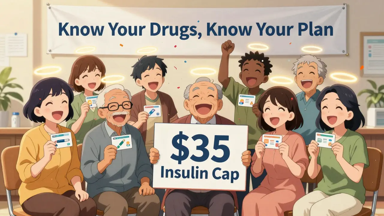 Group of seniors celebrate with medication cards and ' Insulin Cap' trophy in community center