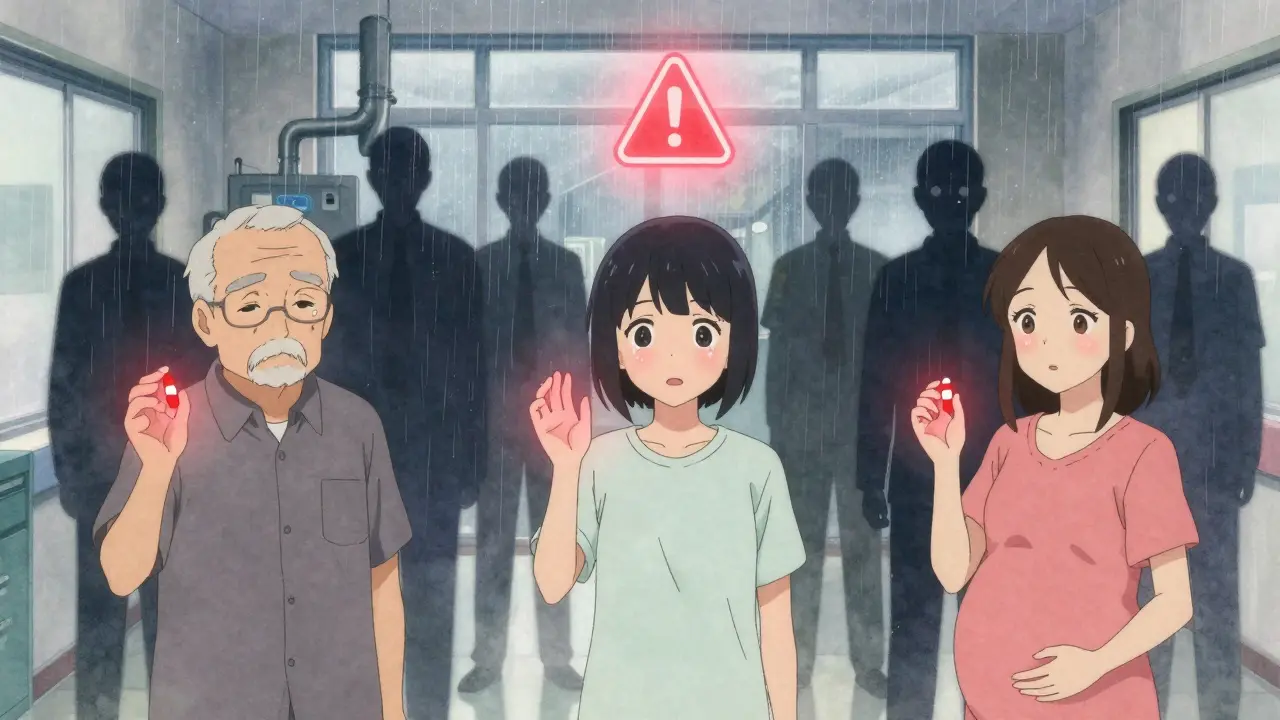 Patients holding flawed pills under dim hospital lighting, with warning symbols above them.