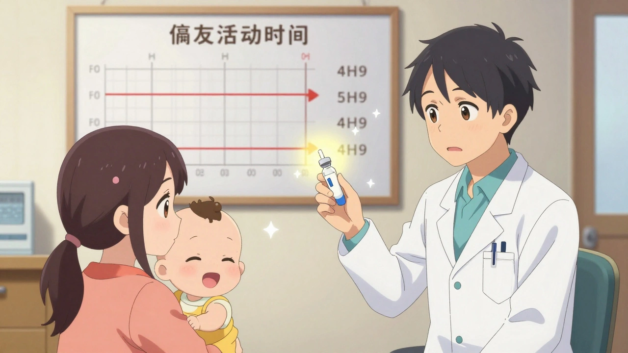 Pediatrician explains vaccine timing to a parent with an illustrated chart in background.