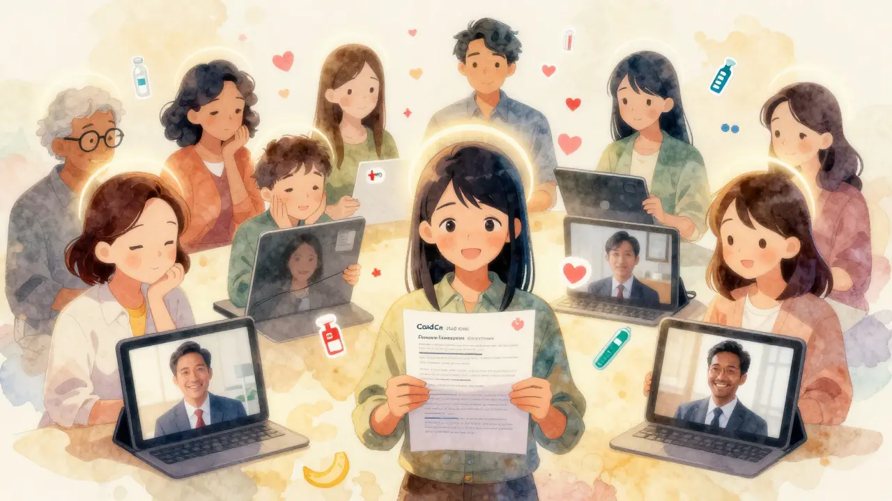 People in a supportive online group hold CDC materials with glowing symbols of safety.