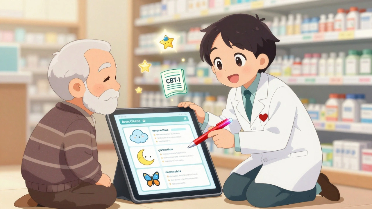 Pharmacist and senior reviewing Beers Criteria list with friendly cartoon drug icons.