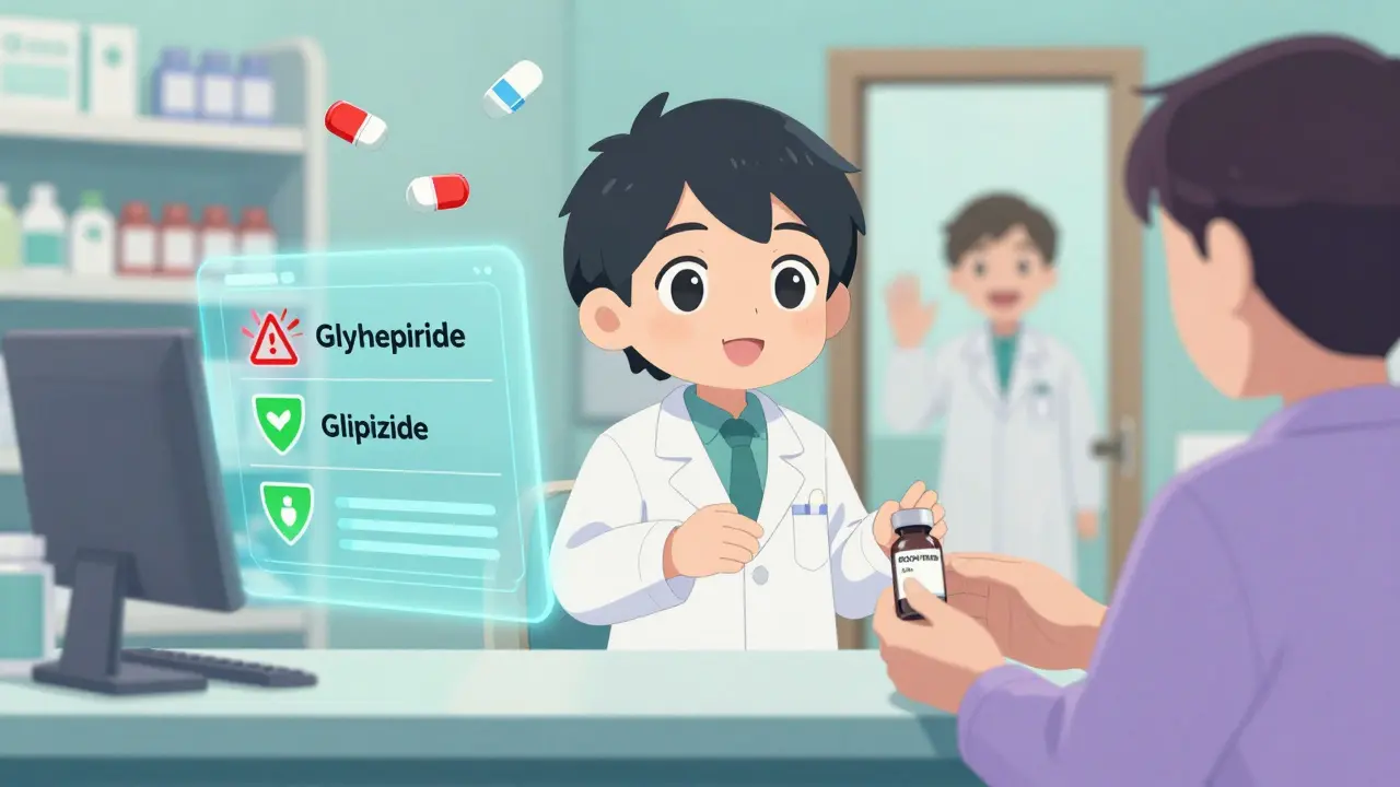 Pharmacist handing glimepiride at counter, risk comparison chart floating with safety icons.