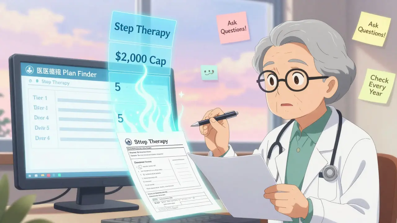 Senior citizen reviews drug tiers on digital Medicare Plan Finder with doctor nearby