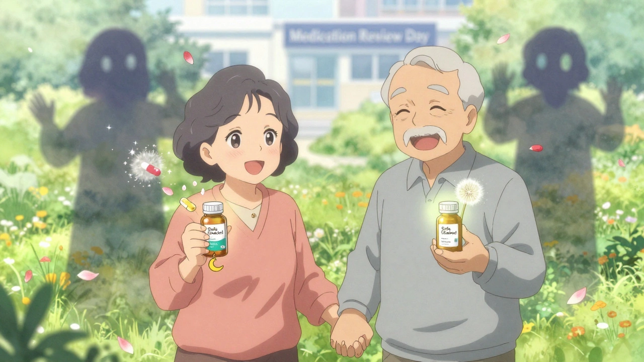 Senior couple in garden holding safe medication bottles as risky pills fade away.