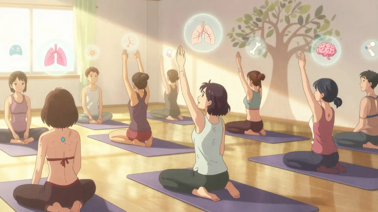 Survivors practice gentle yoga indoors, with floating health icons above them under warm sunlight.