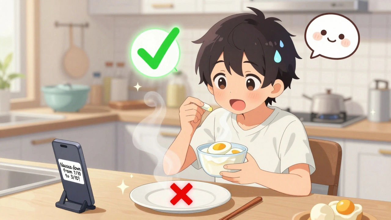 Teen taking medication with food as glowing checkmark appears, symbolizing improved nausea.