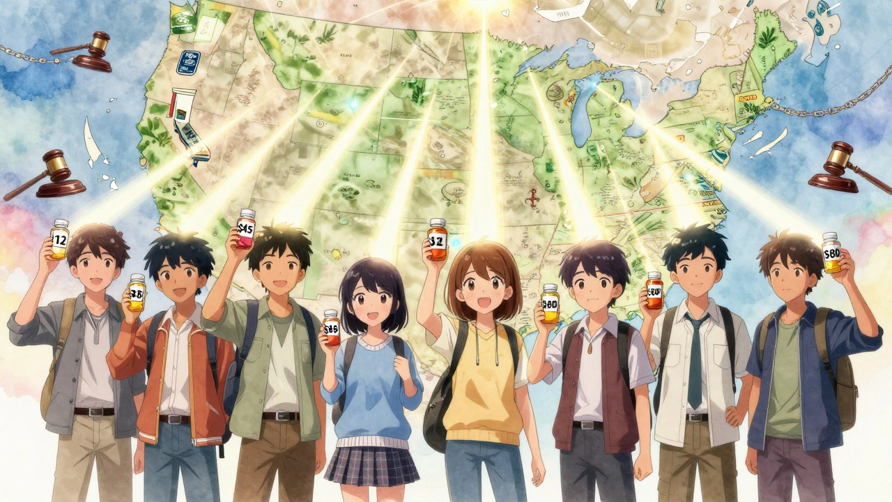 Teens holding pill bottles with state price tags, connecting fair drug pricing across the U.S.