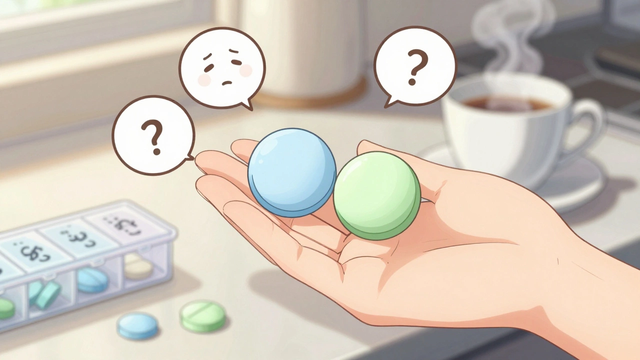 Two different-looking generic pills side by side on a counter, with a pill organizer and teacup nearby.