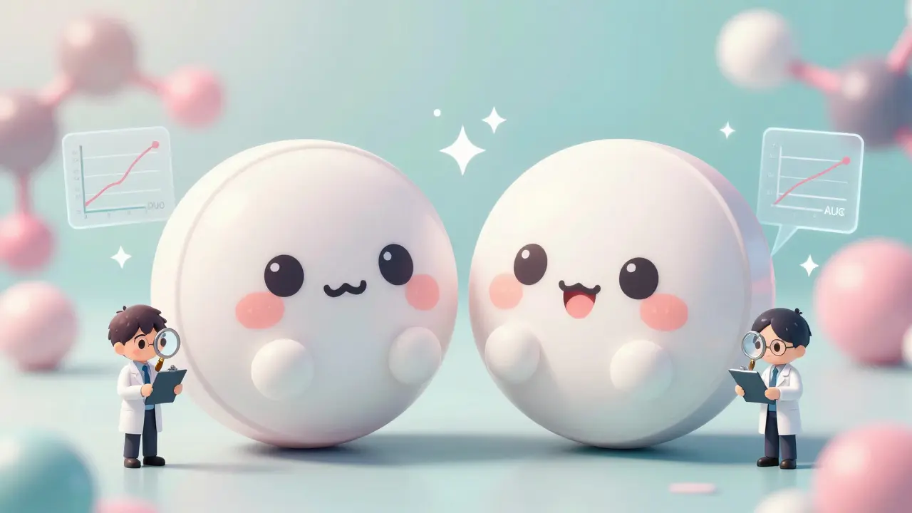 Two pill characters with faces are analyzed by floating data graphs and tiny FDA inspectors.