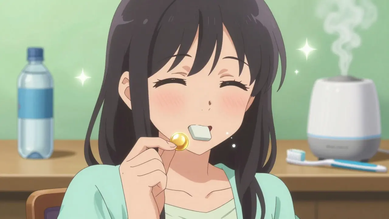 Young woman chewing xylitol gum with glowing saliva droplets around her mouth.