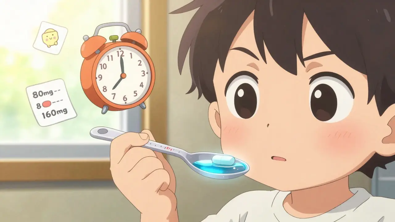 A child's hand holding a chewable tablet next to liquid medicine, with a countdown timer above.