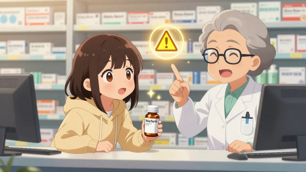 A girl asks her pharmacist if her medication is a high-alert drug, with a glowing warning icon above the bottle.