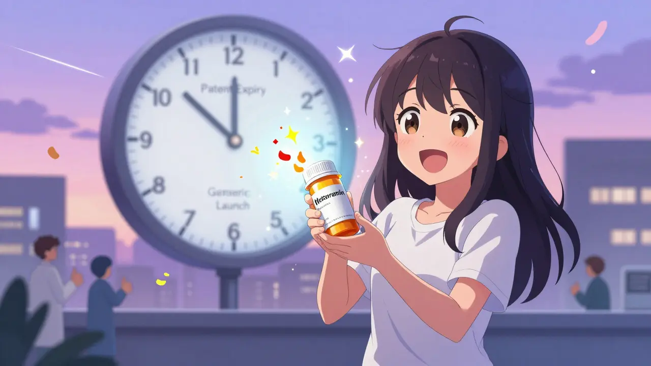 A girl holding a generic prescription bottle as it transforms from a brand-name version with sparkles around it.