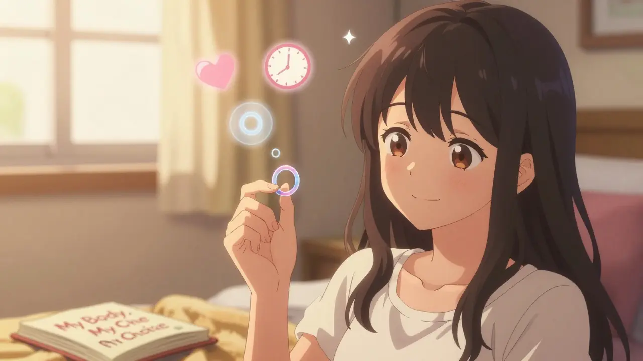 A girl inserting a vaginal ring in a cozy room, with icons of a clock and falling ring floating nearby.