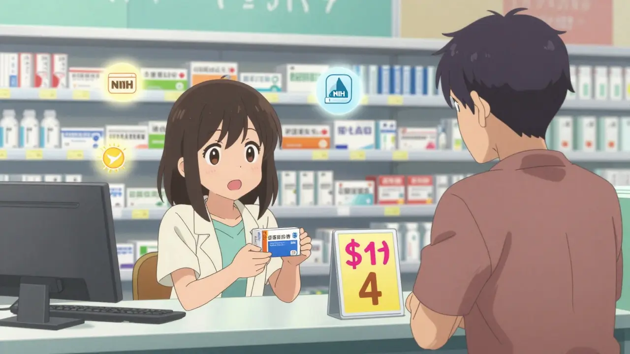 A girl receives  metformin in a Japanese pharmacy while an American tourist looks surprised.