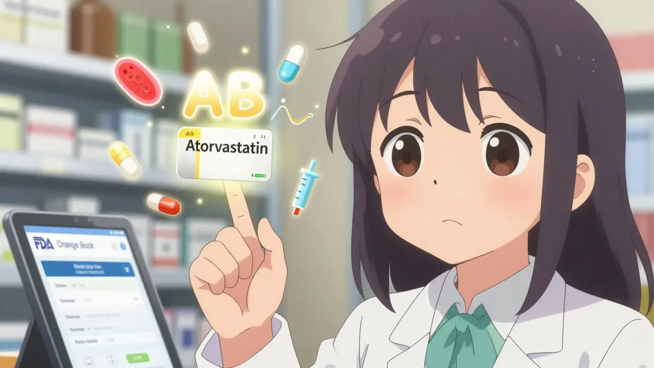 A hand points at a pill with a glowing AB rating code and medical icons floating nearby.