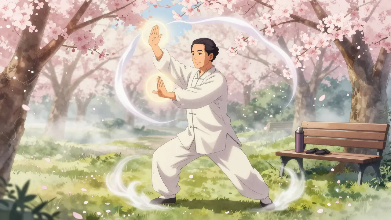 A man practicing slow tai chi in a misty park at dawn, cherry blossoms falling around him.