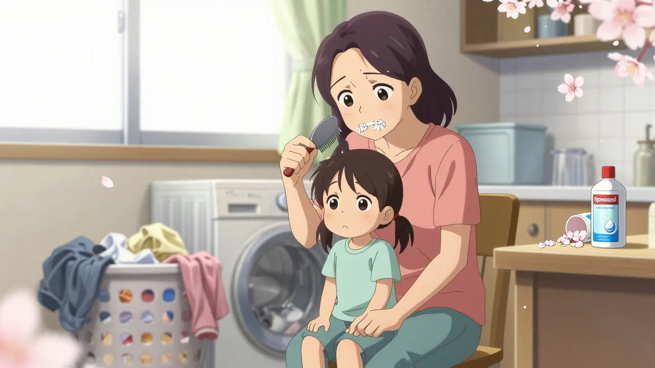 A mother examines nits on a comb while her daughter sits calmly, with laundry and treatment bottles nearby.
