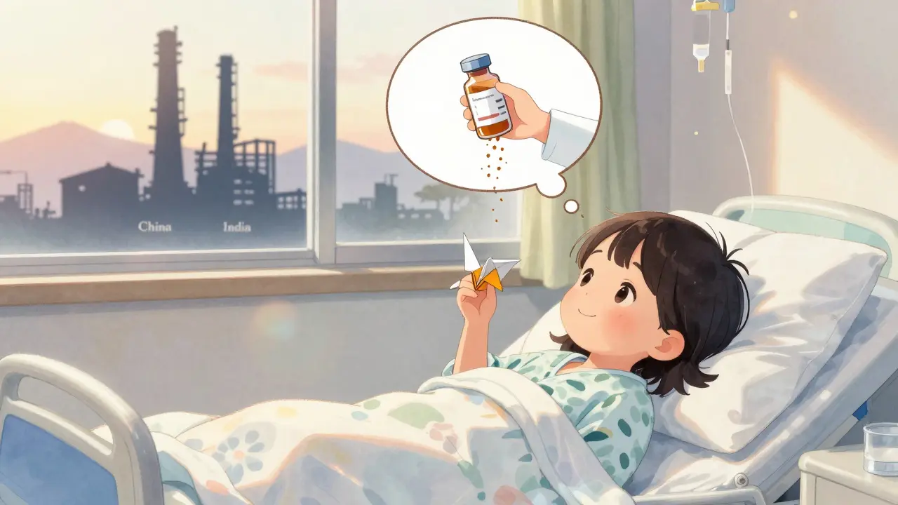 A newborn in a NICU receives a diluted antibiotic, clutching a paper crane as distant factories loom outside.