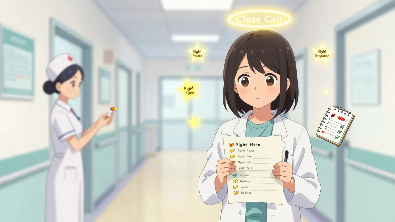 A patient confidently presents her medication list to a doctor, with a 'Close Call' halo behind a nurse in a hospital hallway.