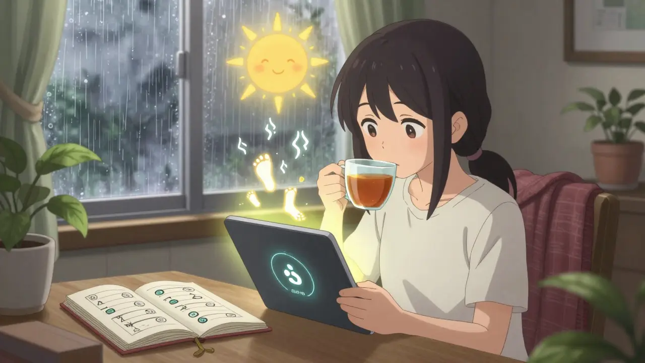 A person calmly using a pain tracker app while sipping tea, surrounded by mindfulness symbols and a cozy, rainy-window scene.