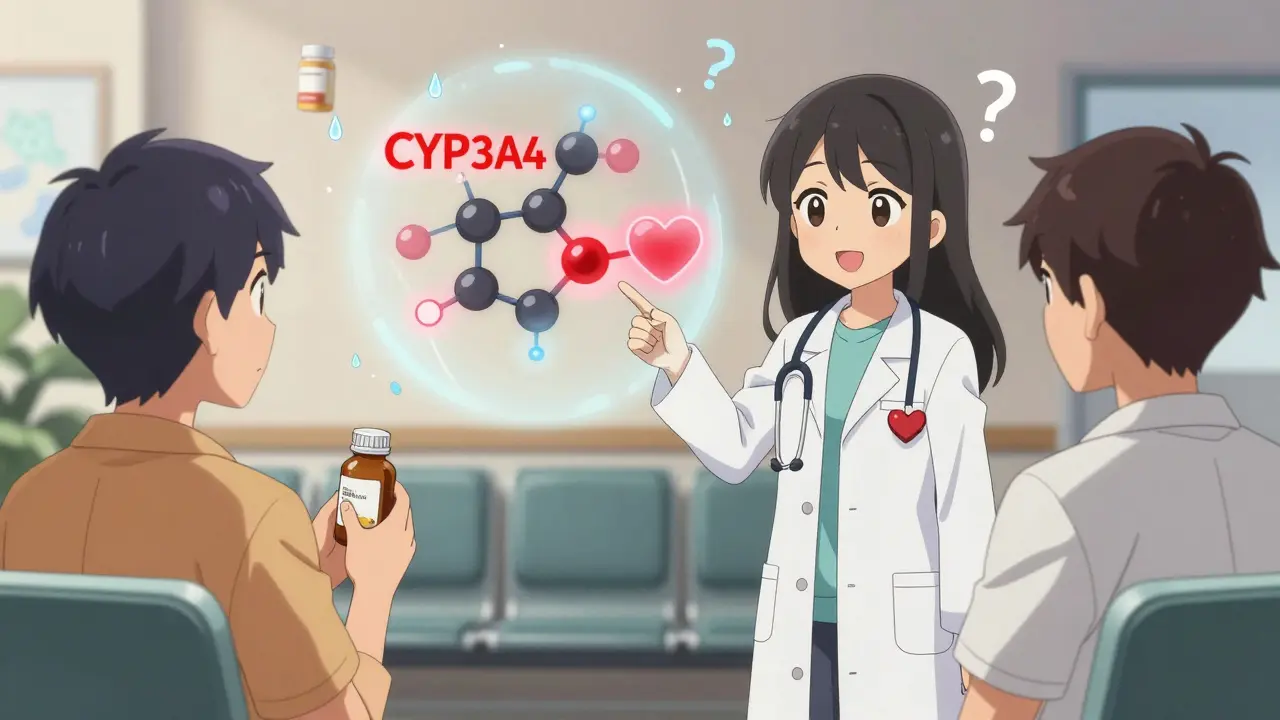 A pharmacist explaining drug interactions using a glowing molecular diagram.
