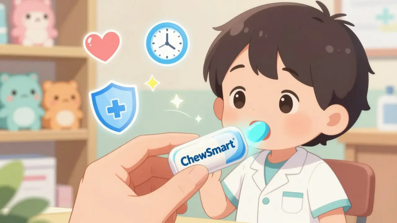 A pharmacist giving a child a color-changing chewable tablet that turns blue when chewed.