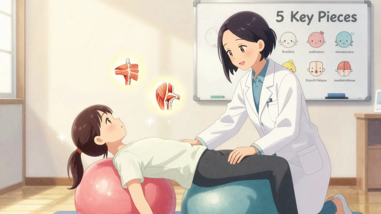 A physical therapist gently guiding a patient through an exercise on a therapy ball, with glowing muscle icons and a colorful whiteboard.