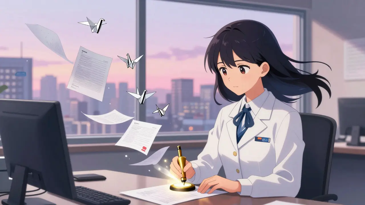A Qualified Person signing an approval stamp as data transforms into origami cranes in a cozy office with city lights.