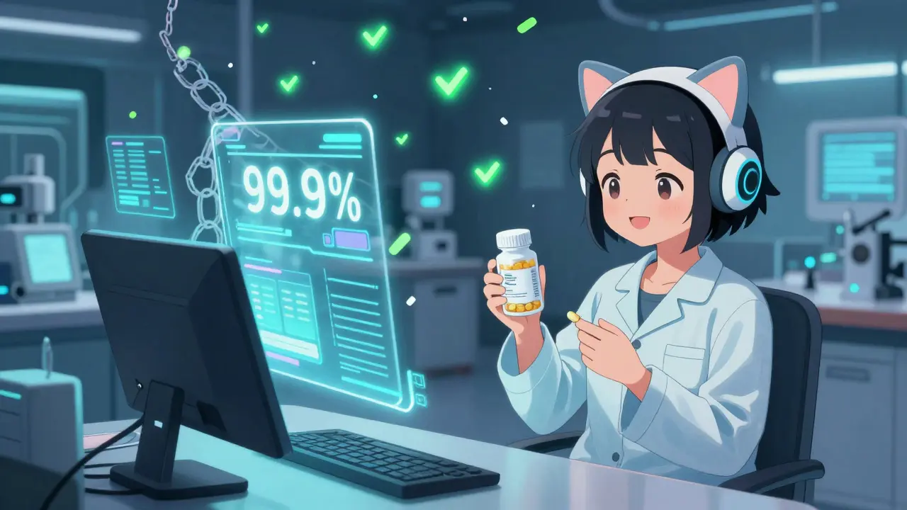 A robot assistant with cat ears displays a 99.9% confidence meter while a patient smiles holding a pill bottle.