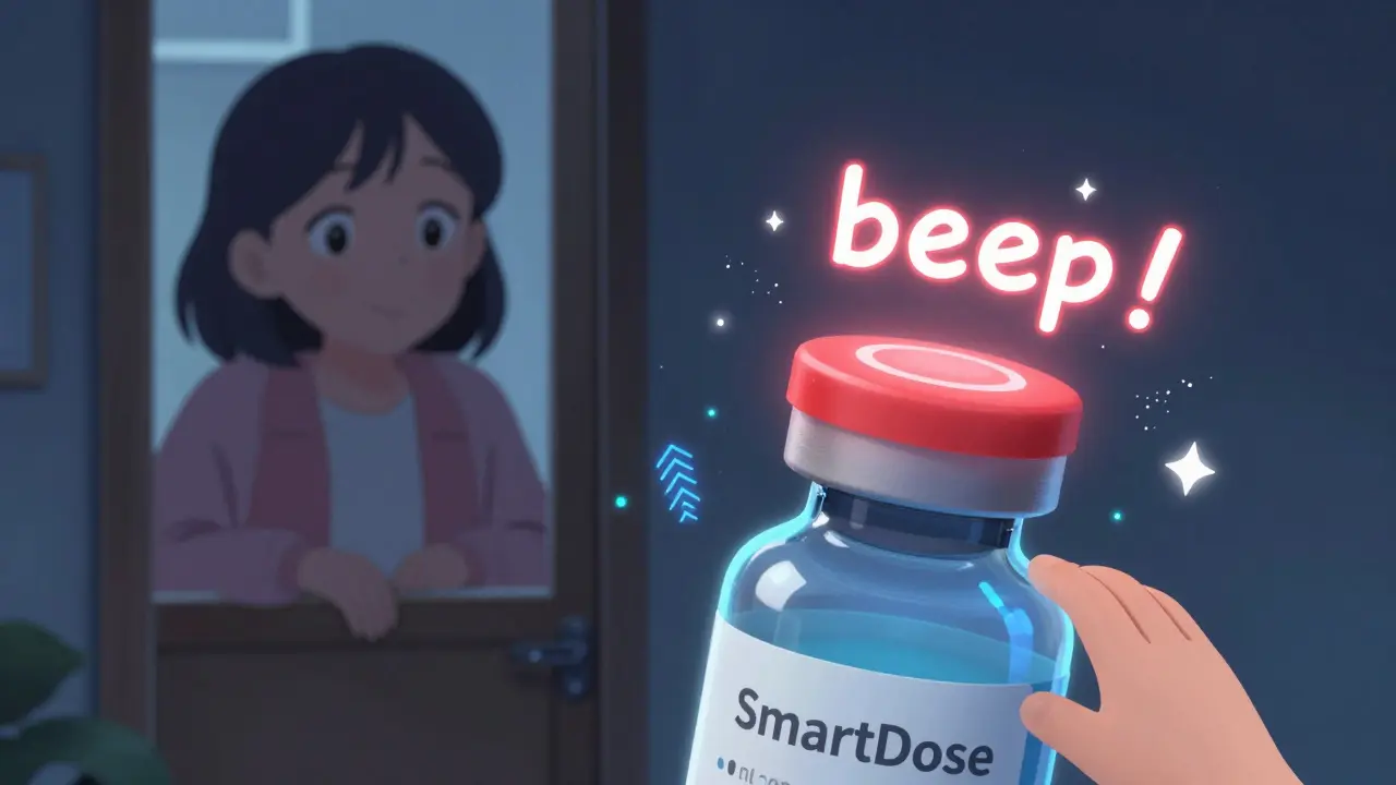 A smart medicine cap glowing with a warning beep as a child reaches for it.
