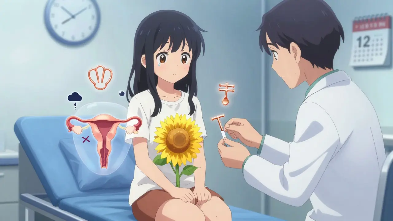 A teen receiving an IUD insertion, with symbolic copper and hormone visuals, showing contrast between heavy bleeding and relief.