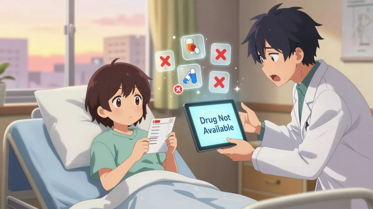 A teenager and doctor face an empty medication tablet, surrounded by red X icons.