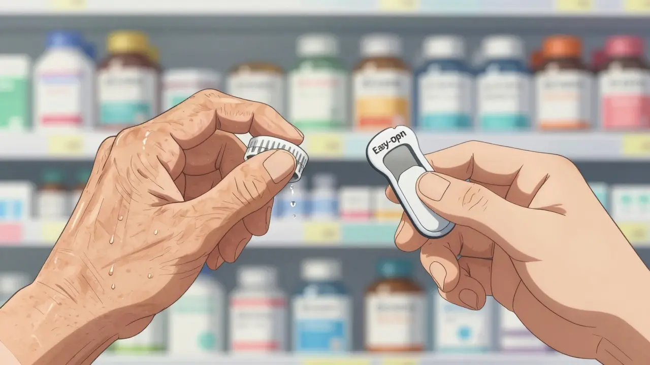 An elderly person struggling to open a pill cap versus easily opening an improved design.