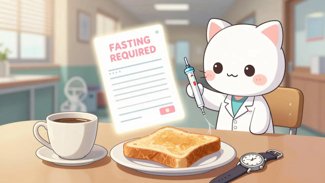 Breakfast table with coffee cup and wristwatch showing 8:03 a.m., floating medical report with 'FASTING REQUIRED' above.