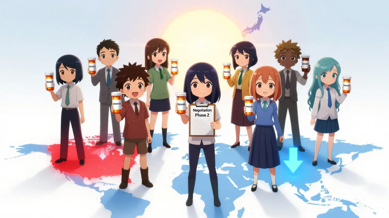 Characters hold expensive drugs on a global map, with the U.S. glowing red and other nations blue, symbolizing price differences.