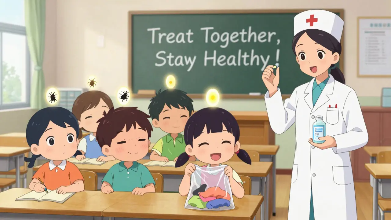 Children in a classroom with glowing parasite symbols, a nurse holding treatment options, and a hopeful message on the board.