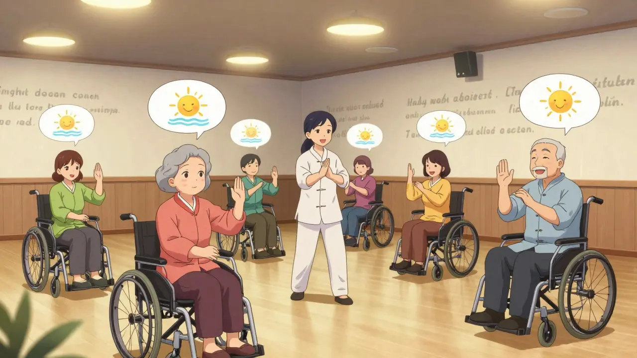 Diverse group doing seated tai chi in a community center, instructor helping with props.