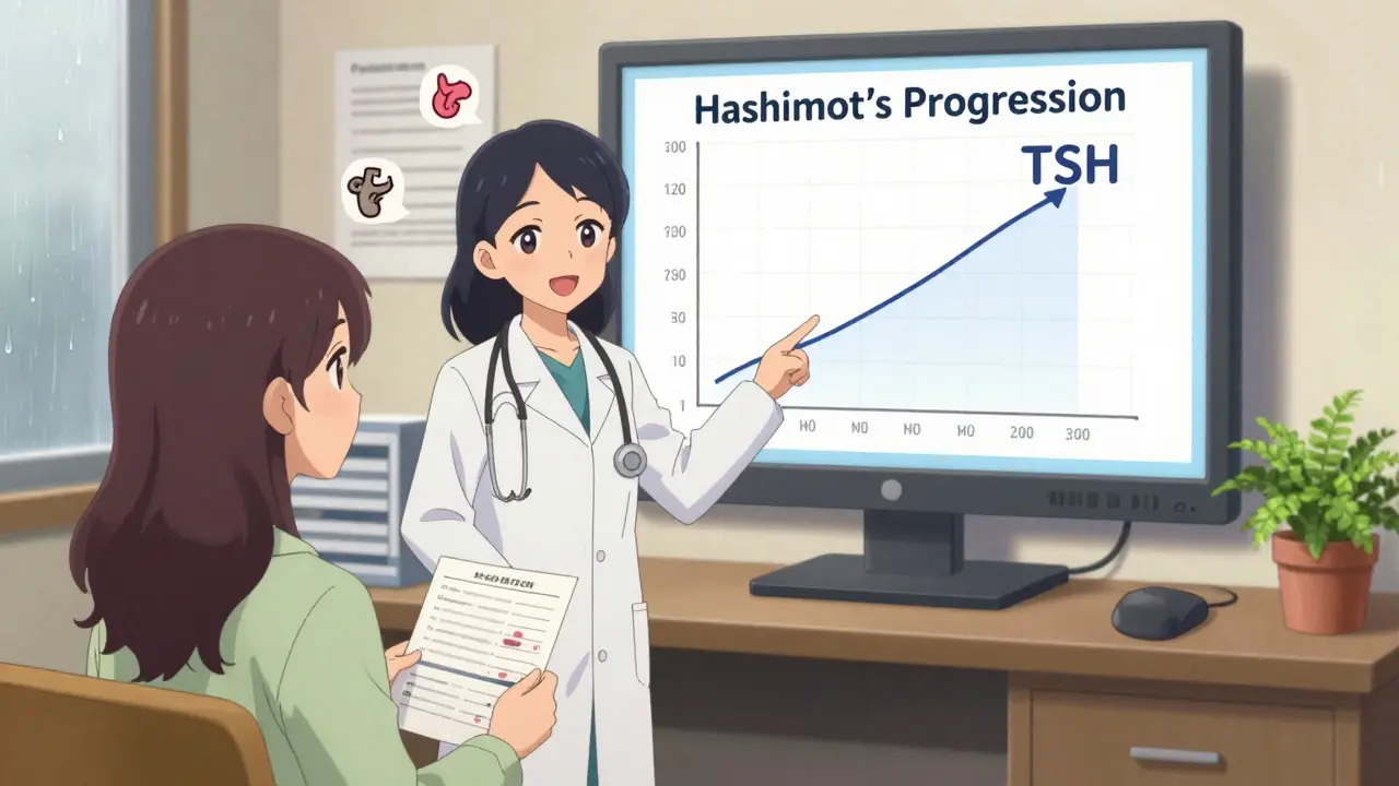 Doctor and patient reviewing a TSH graph in a warm, anime-style clinic with floating medical icons.