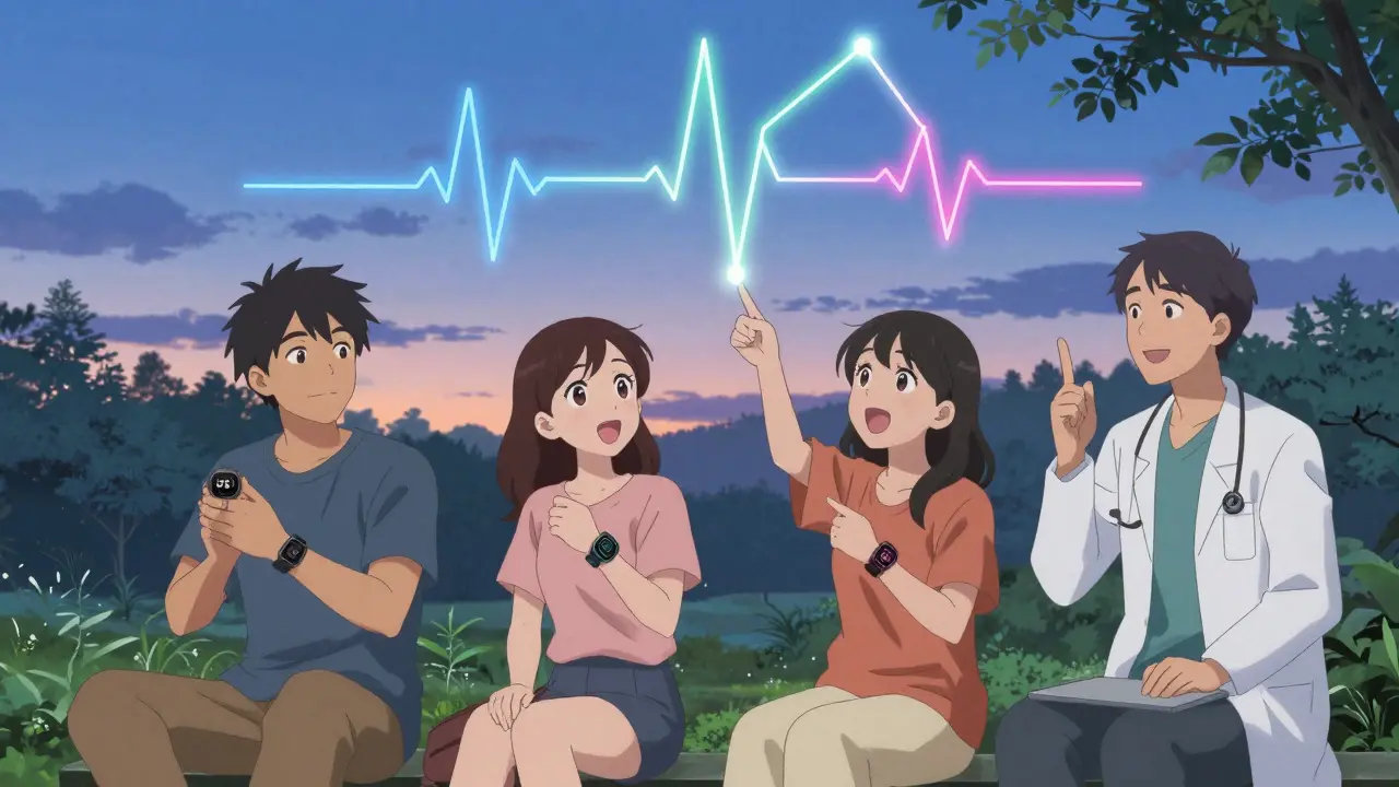 Four friends in a park with wearable devices emitting glowing health trend lines that form a shared heartbeat constellation in the sky.
